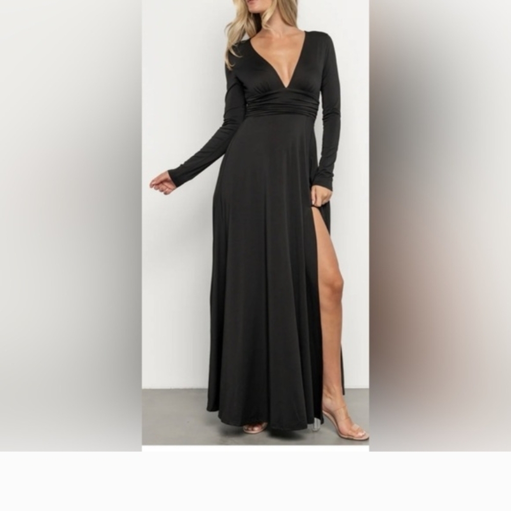Baltic Born Arianna Maxi Black Long Sleeve Dress Slit V Neck Jersey Knit Small